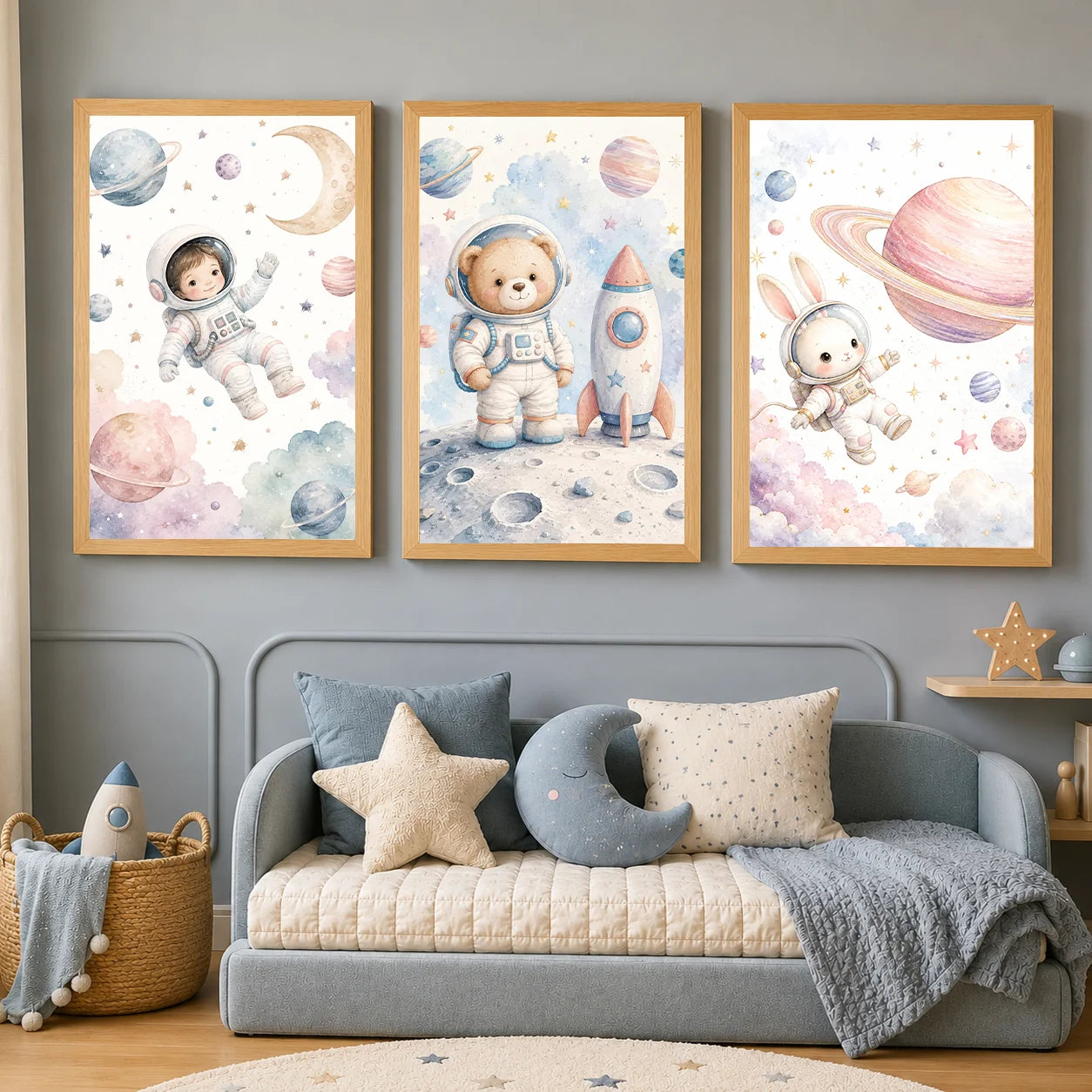 Nursery Wall Art Space Astronaut Animal Poster Print Canvas Painting Moon Planet Rocket Baby Room Wall Decor Peaceful Pleasures Health and Wellness