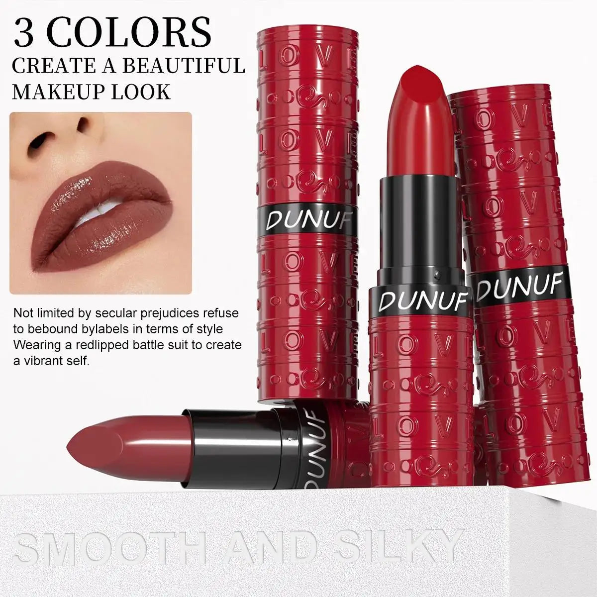 DUNUF Velvet Matte Lipstick – Waterproof & Long-Lasting, 3 Shades