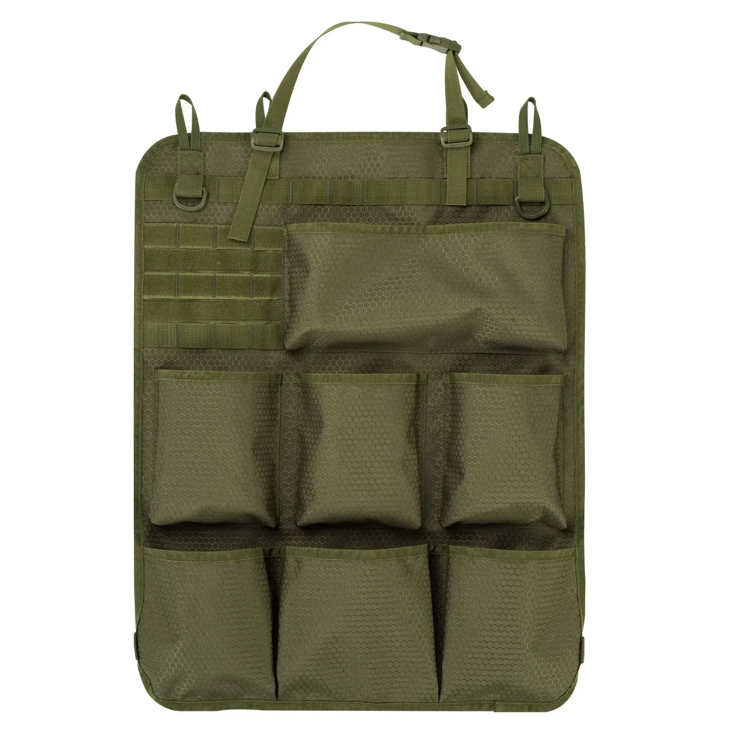 Car Seat Back Organizer Tactical Camo Multi Pocket Storage Bag Waterproof Durable Hanging for Road Trip Travel SUV Truck Family Peaceful Pleasures Health and Wellness green