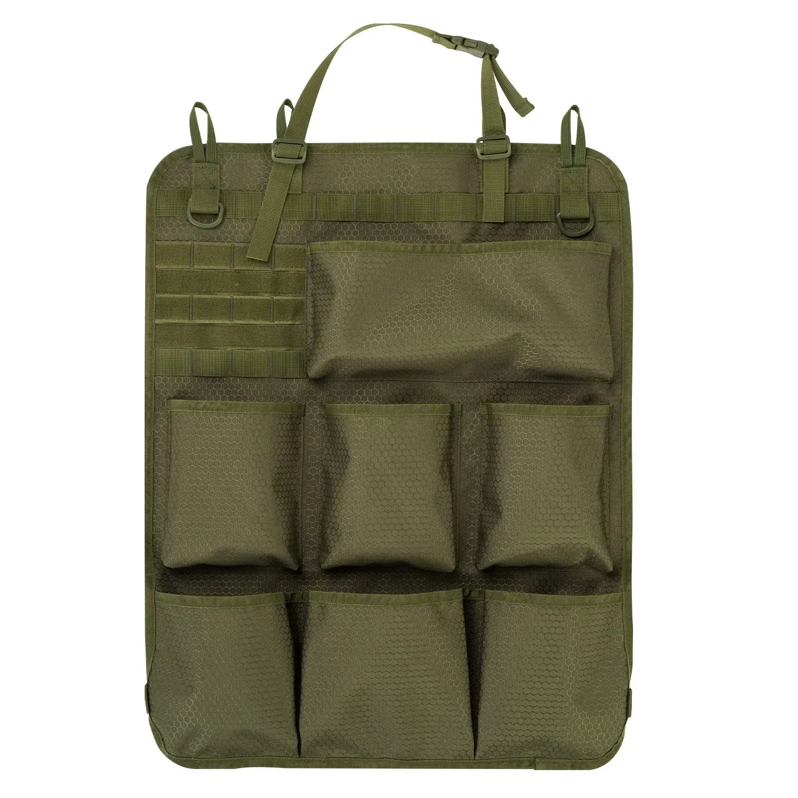 Car Seat Back Organizer Tactical Camo Multi Pocket Storage Bag Waterproof Durable Hanging for Road Trip Travel SUV Truck Family Peaceful Pleasures Health and Wellness green