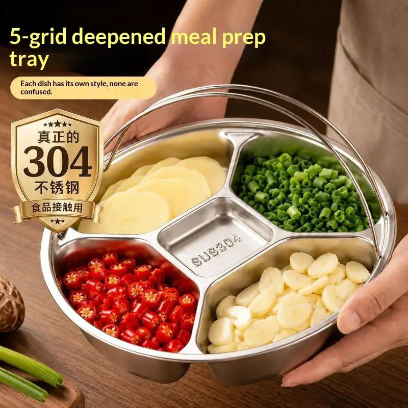 5-Compartment Stainless Steel Food Prep Tray | Hot Pot Serving