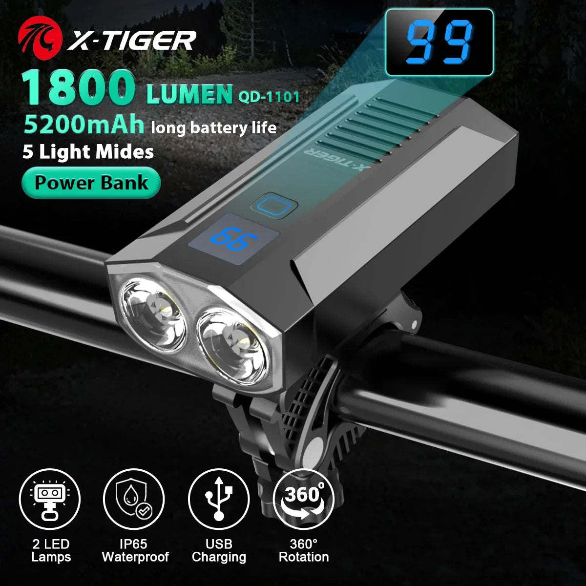 X-TIGER USB Rechargeable Bike Light – 1600 Lm, IPX6 Waterproof