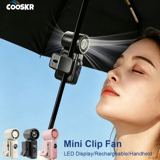Mini Clip-on Fan Handheld Pocket Fan Rechargeable Digital Display Air Cooling Fan for Outdoor Travel Portable Umbrella Clip Fan Peaceful Pleasures Health and Wellness