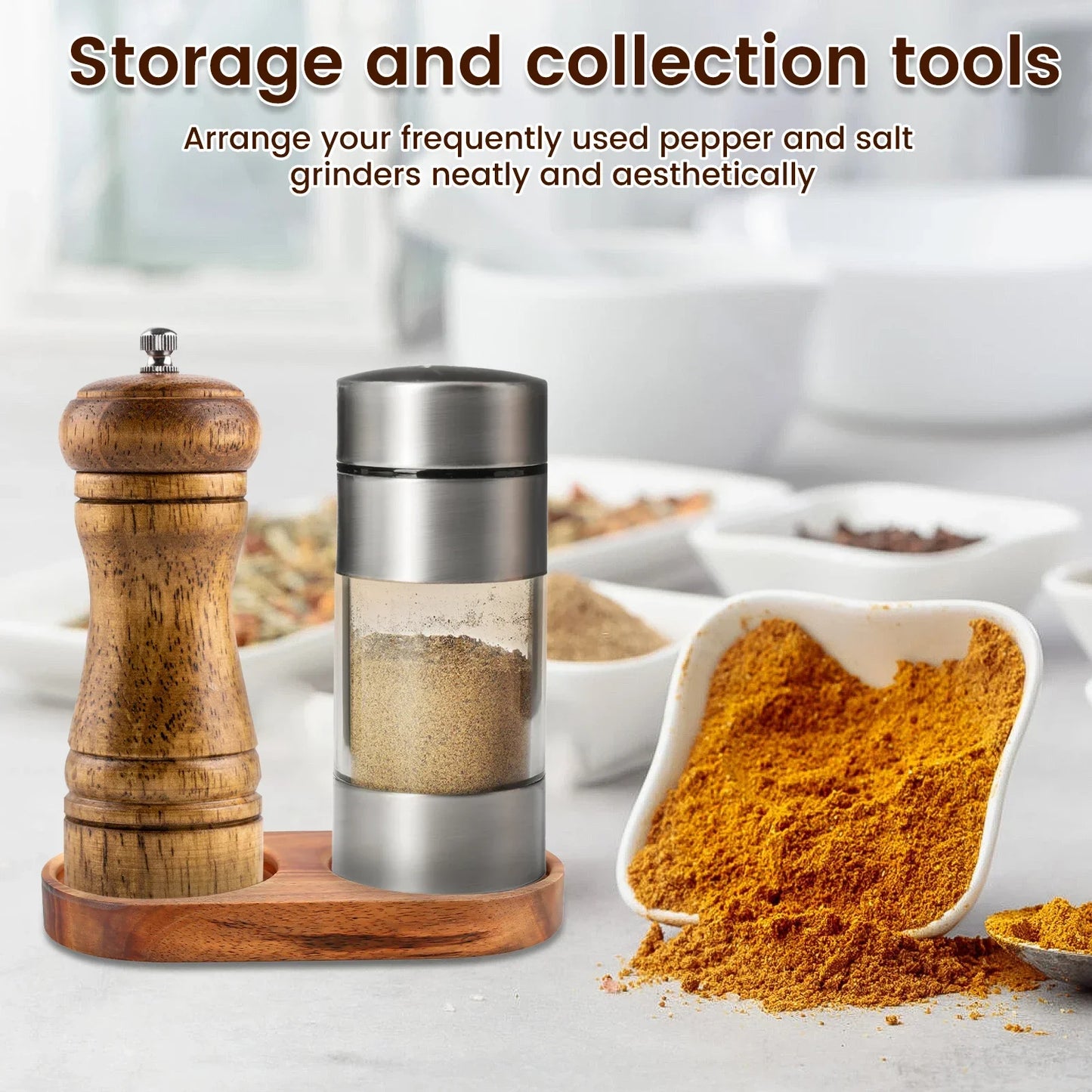 Kitchen Storage Holder Salt and Pepper Mill Tray Multipurpose Wood Tray bracket Pepper Mill Holder Salt Grinder Base Accessories Peaceful Pleasures Health and Wellness