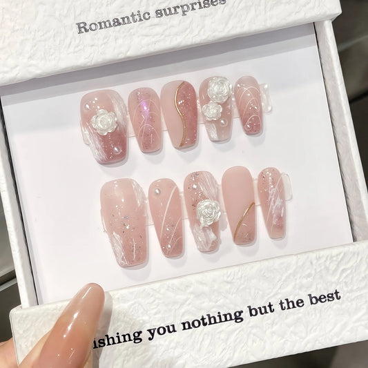 Handmade Sweet Pink Aurora Press on Nails with White Camellia Design False Nails Wearable Reusable Ins Shiny Fake Nail Patches Peaceful Pleasures Health and Wellness
