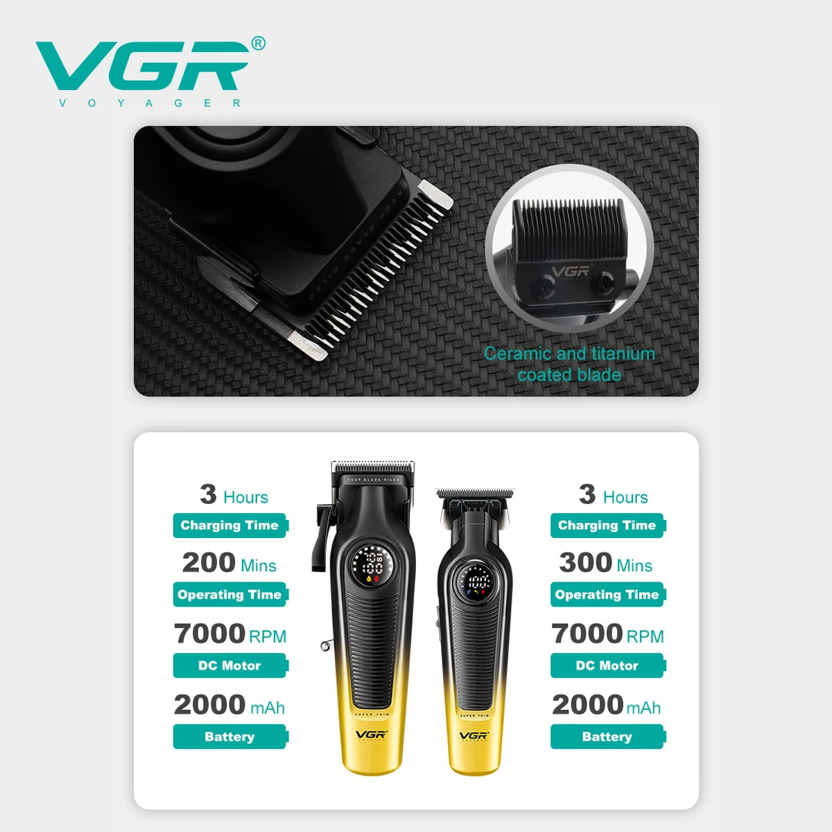 VGR high-end hair trimming set 2-piece men's electric hair clipper household oil head carving push shear digital shave V-196&996 Peaceful Pleasures Health and Wellness