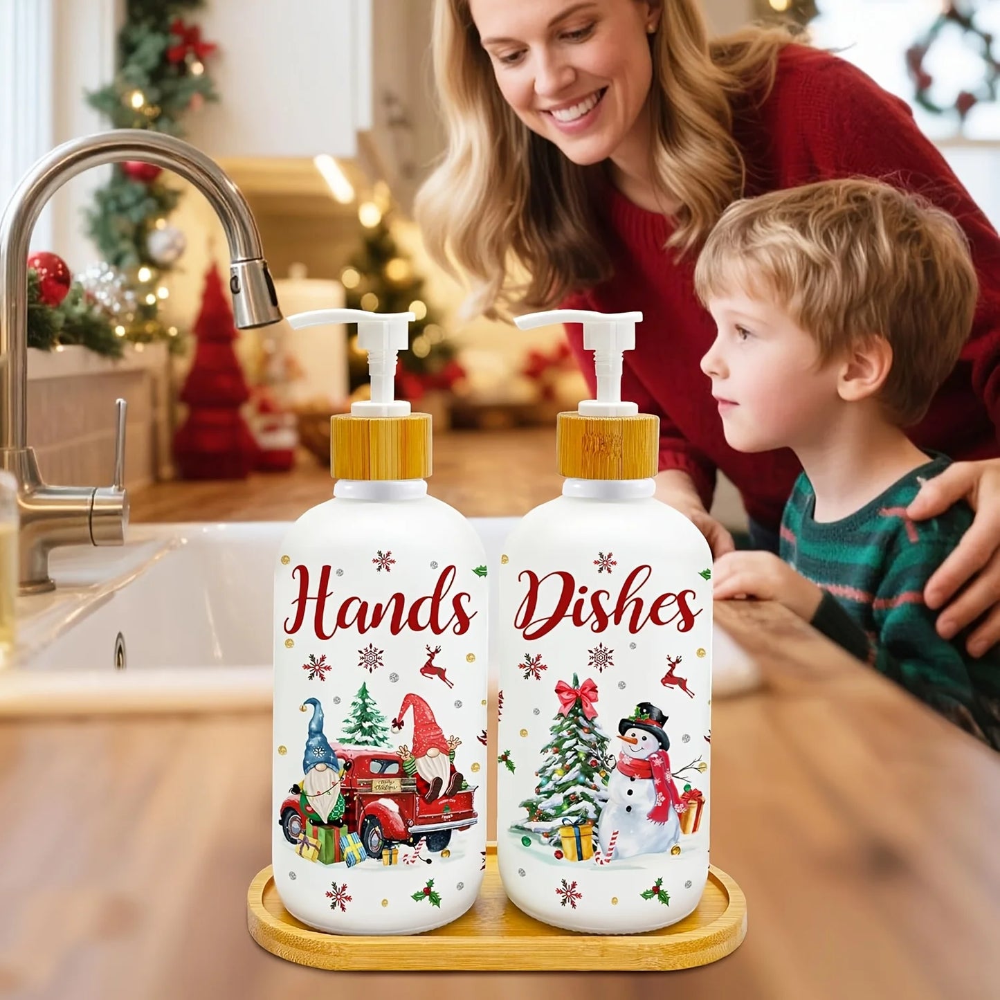 Christmas Gnome Soap Dispenser Set of 2 with Tray – Festive Xmas Kitchen & Bathroom Holiday Decor