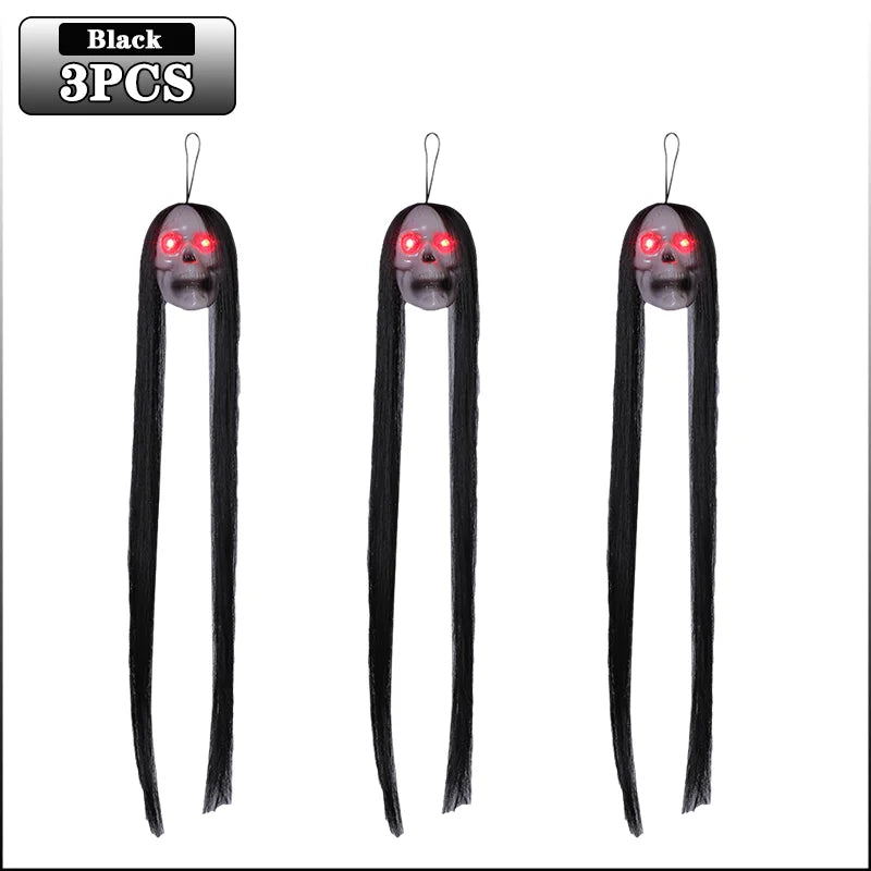 Halloween Hanging Ghost Skull – Glowing Eyes & Long Hair Decor