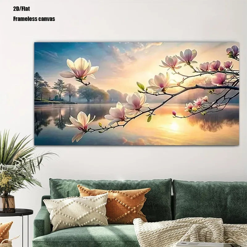 2D Flat Frameless Canvas Art, Elegant Blooming Pink Flowers Lake Reflection Abstract Art, for Living Room, Bedroom, Office Decor Peaceful Pleasures Health and Wellness