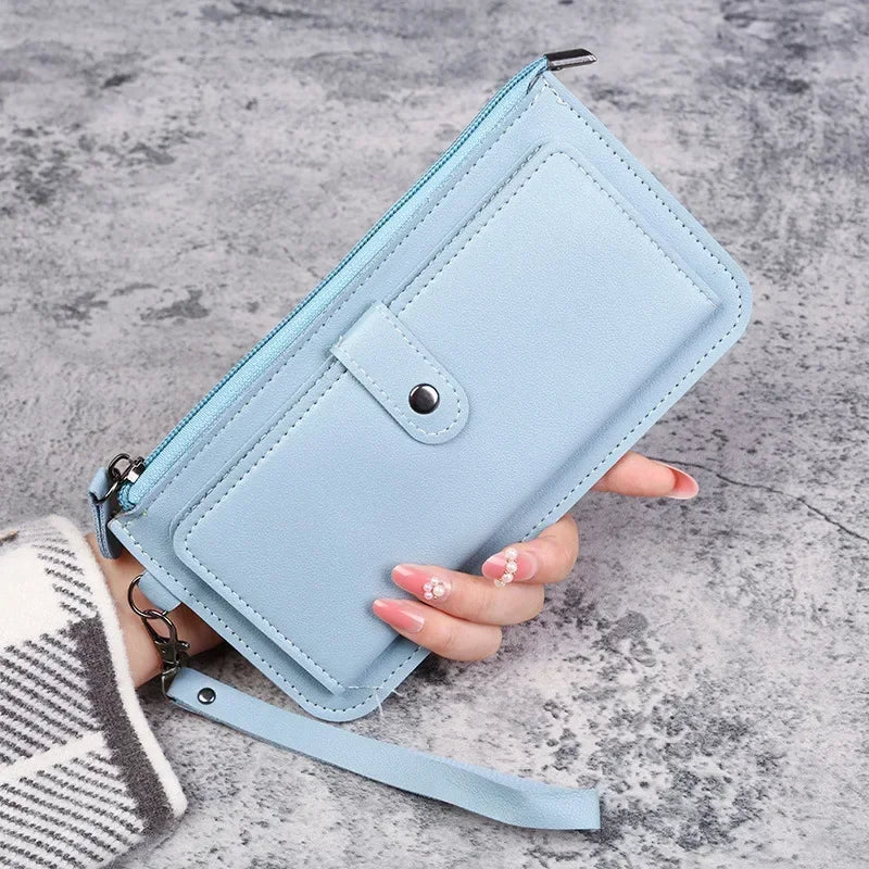 PU Leather Long Multi-card Position Clutch Buckle Zipper Studen