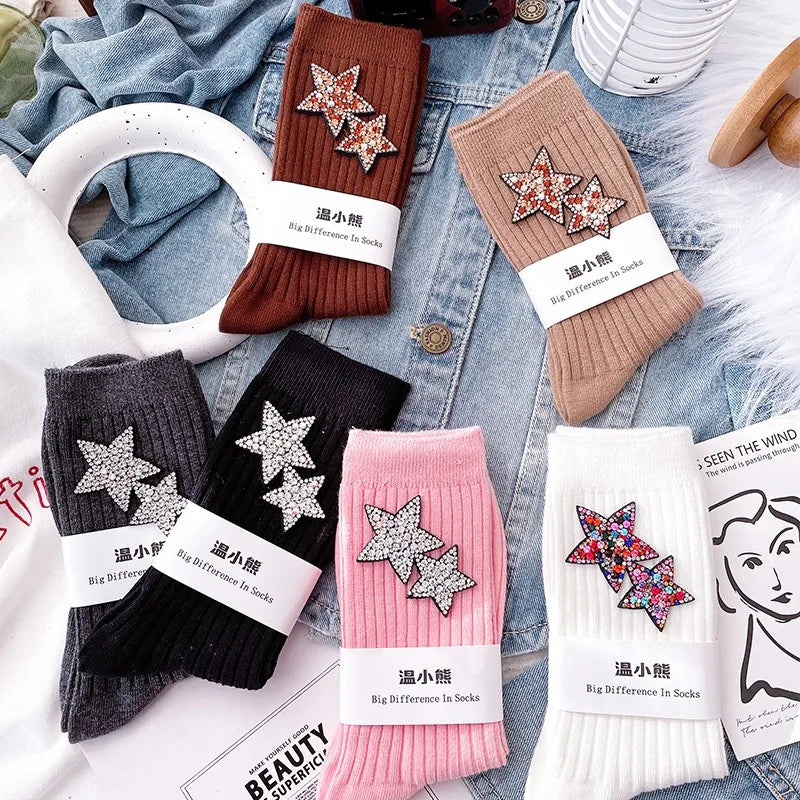 Fashionable Rhinestone Sparkling Women's Socks, Kawaii Star Diamond Sparkling Socks, Comfortable And Breathable Christmas Socks Peaceful Pleasures Health and Wellness