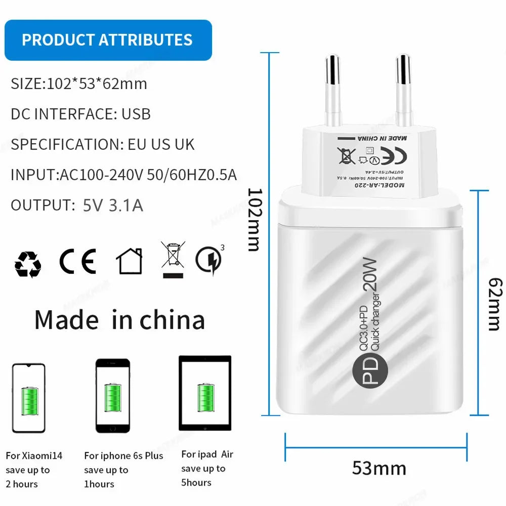 PD 20W USB-C Fast Charger QC 3.0 | iPhone Samsung Xiaomi