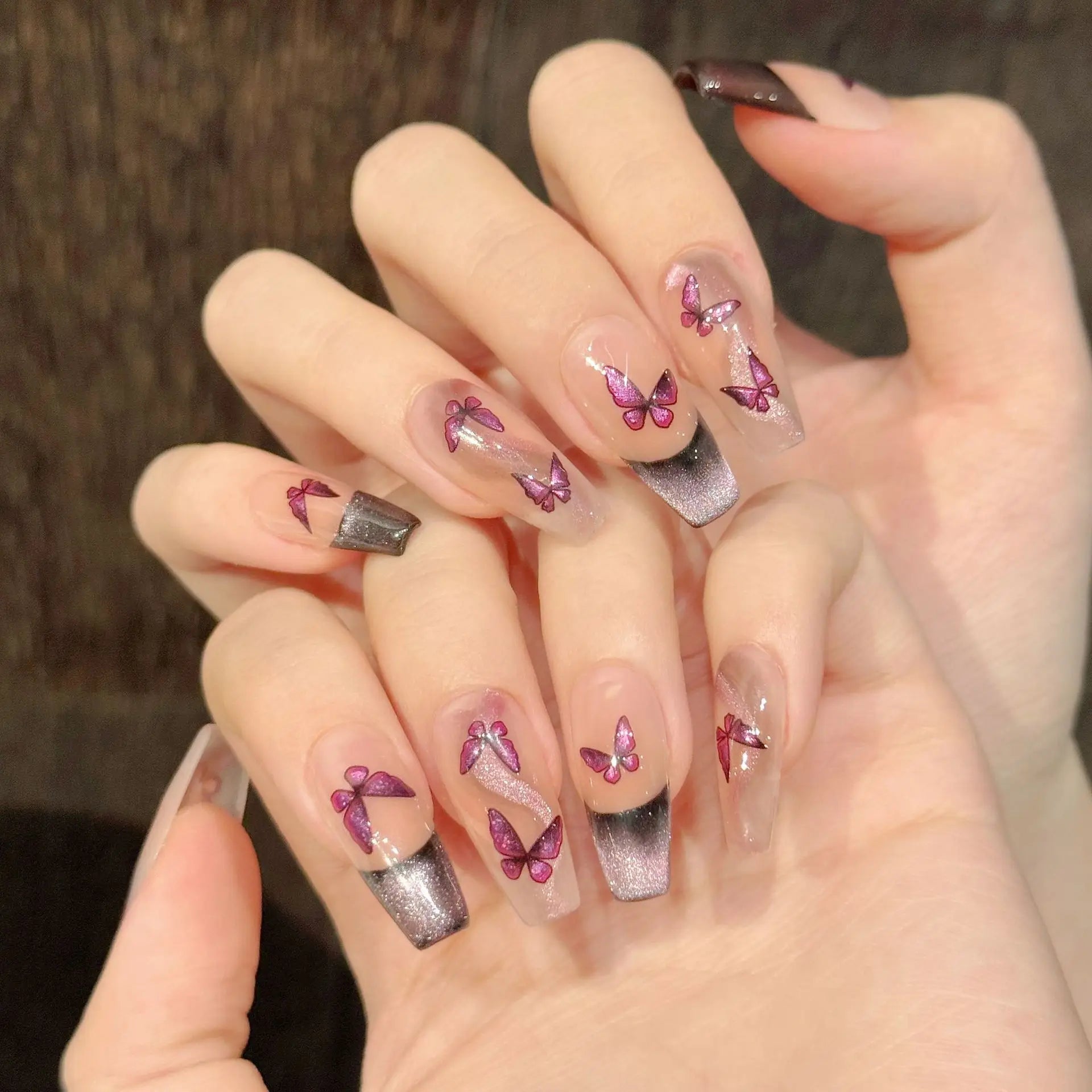 10pcs Handmade Rose Purple French Cat's Eye Press on Nails Glitter Butterfly Designs Fake Nails Wearable Ins Short False Nails Peaceful Pleasures Health and Wellness XS