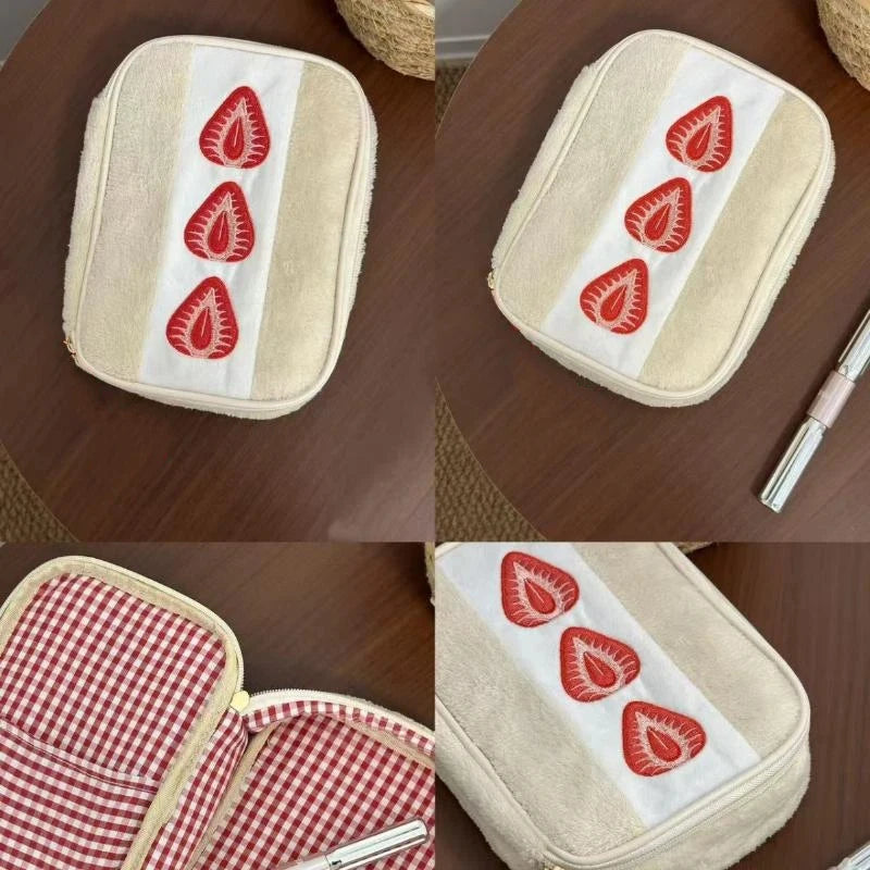 Strawberry Embroidery Organizer Pouch | Pencil & Cosmetic Bag