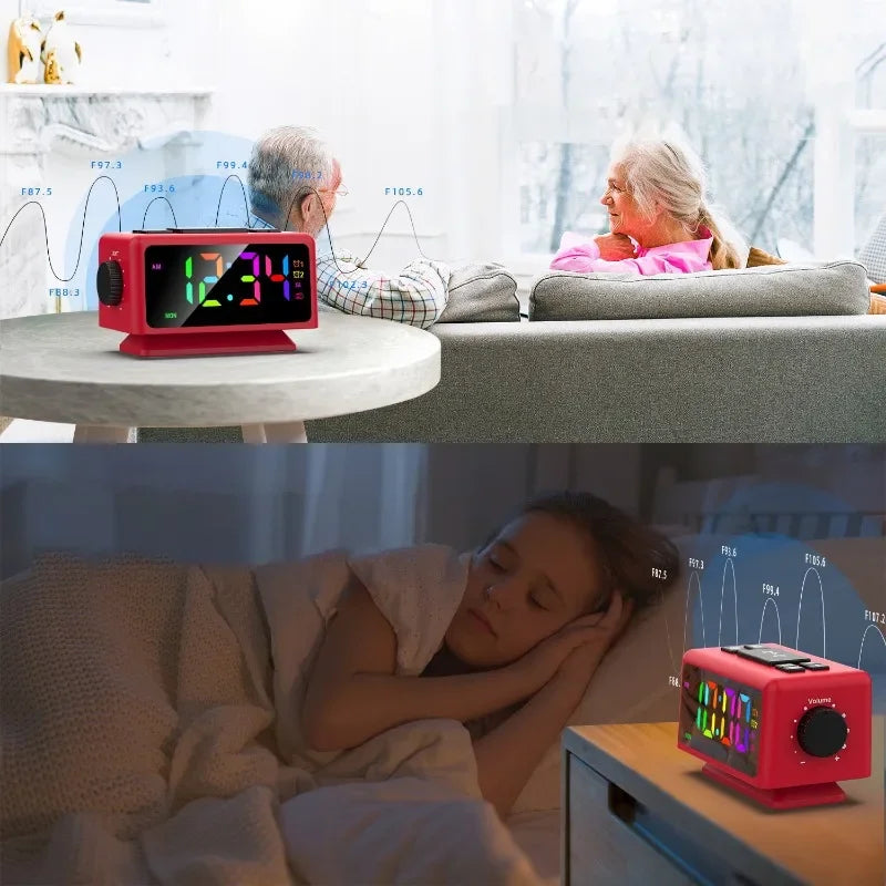 RGB LED Alarm Clock FM Radio Adjustable Brightness Date Display