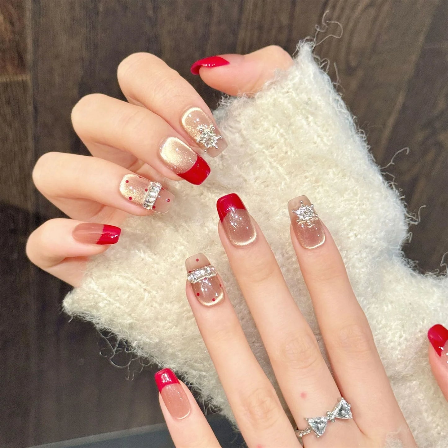 10pcs Handmade Press on Nails Gold Crystal Cat's Eye Fake Nails Wearable Champagne Rhinestone False Nails Elegant Red French Tip Peaceful Pleasures Health and Wellness