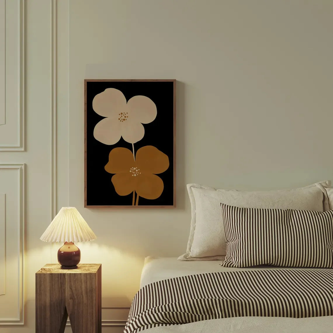 "Mid-Century Modern Minimalist Floral Art Print: Bold Black Double-Flower Design with Playful Orange Polka-Dot Centers, Perfect Peaceful Pleasures Health and Wellness TR122811-2 40x50cm Unframed