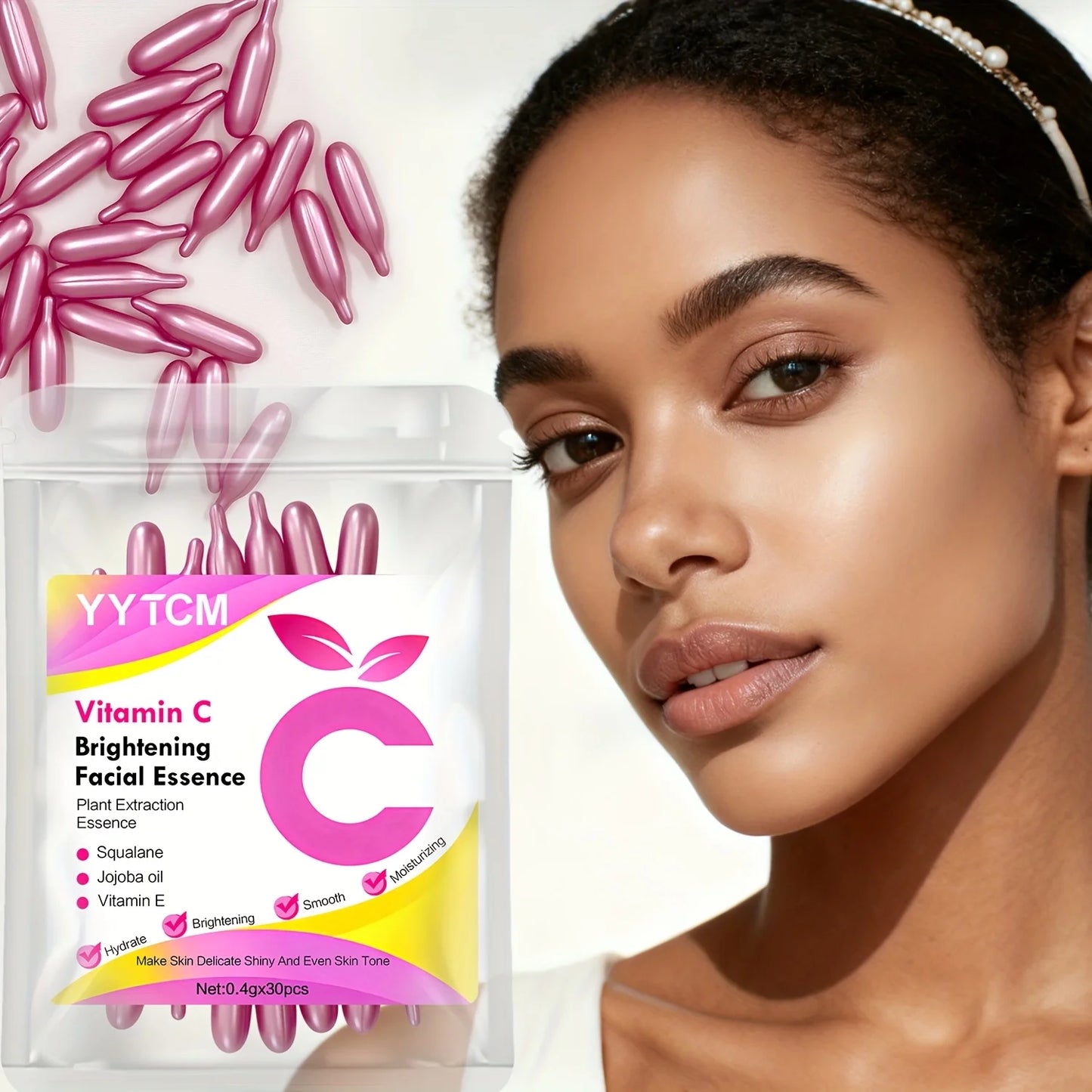 Vitamin C Skin-Brightening and Moisturizing Capsule Essence, Hydrates and Smooths the Skin, Contains Plant-Based Squalane, Vitamin E, Magnolia Oil, and Jojoba Seed Oil for Deep Hydration and Skin Brightening Essence (0.4Gx30 Peaceful Pleasures Health and Wellness