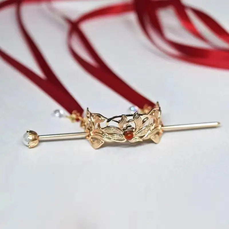 Ancient Court Style Hair Crown Chinese Style Elegant Headpiece with Ribbon for Cosplay Party Chinese Cloth Matching Peaceful Pleasures Health and Wellness