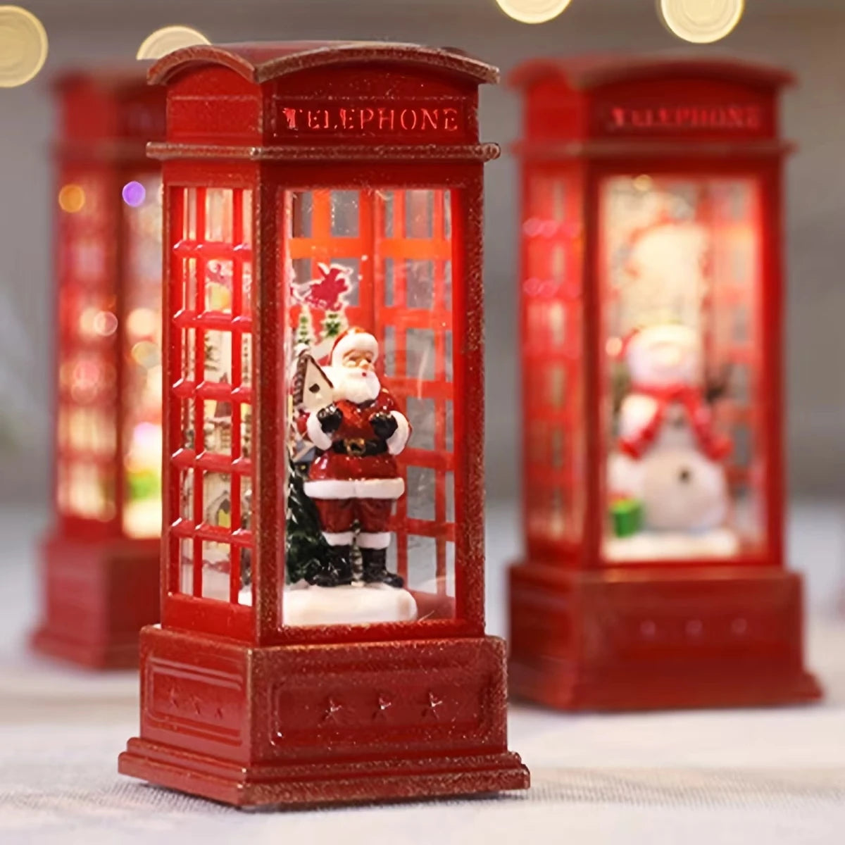 Christmas Phone Booth Decoration with Santa Claus, Snowman & Tree - Red Retro Telephone Booth Ornament With Light Home Decorator Peaceful Pleasures Health and Wellness
