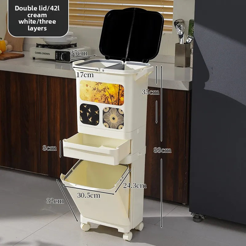 Vintage-Style Kitchen Trash Bin - Large Capacity, No Bending, Double Layer Wet/Dry Separation, Home Essential Peaceful Pleasures Health and Wellness Double 42L White