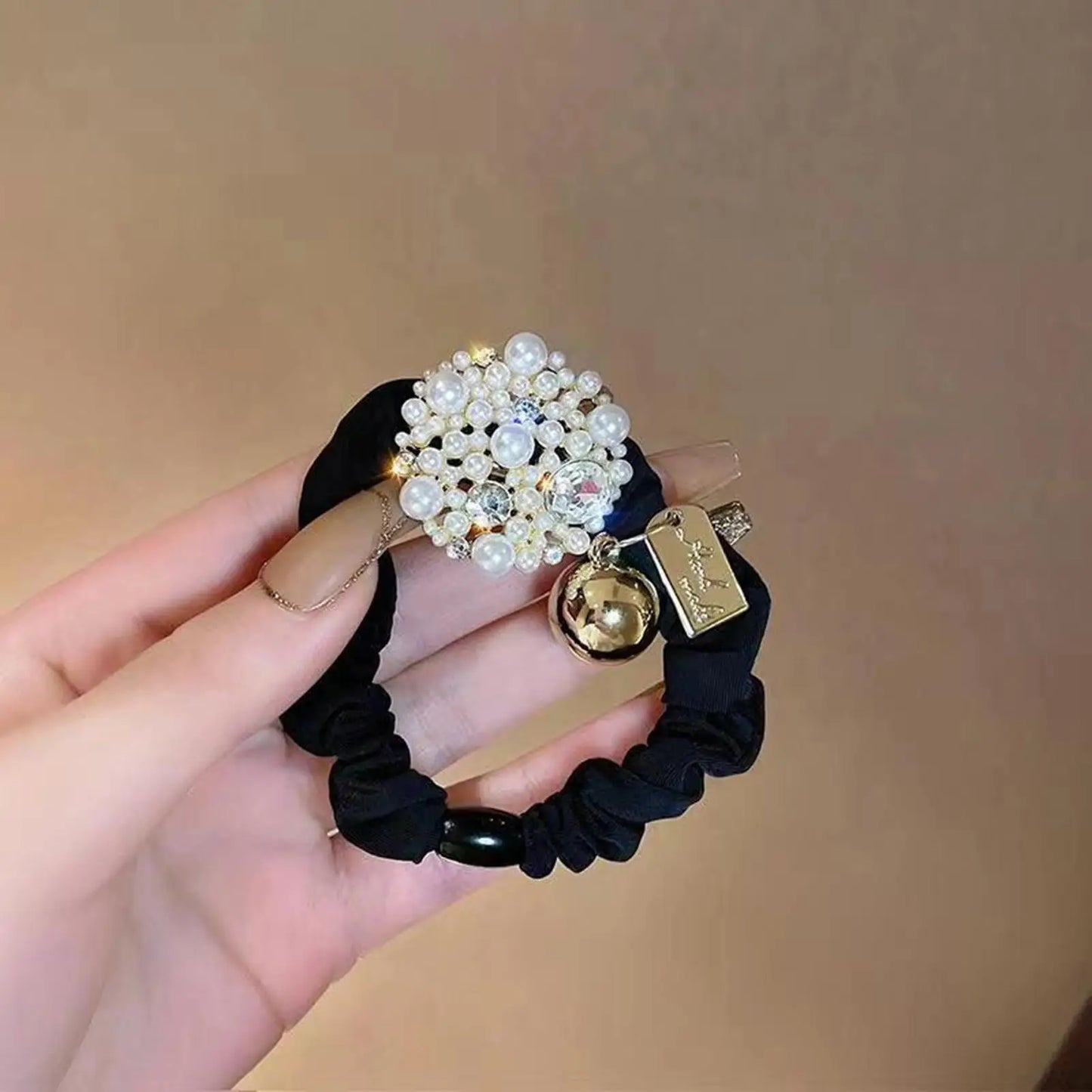 Pearl Rhinestone Hair Scrunchie – Luxury Floral Elastic Hair Tie