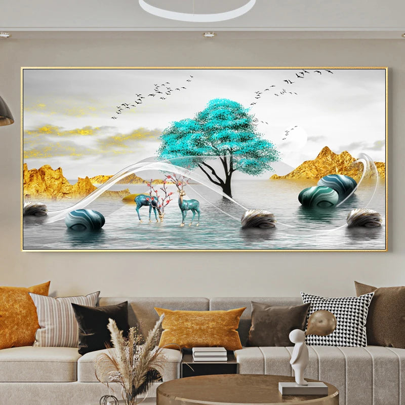 Chinese Feng Shui Golden Rich Tree Canvas Painting Wall Art Deer Landscape Lucky Stone Posters Wall Art for Living Room Decor Peaceful Pleasures Health and Wellness