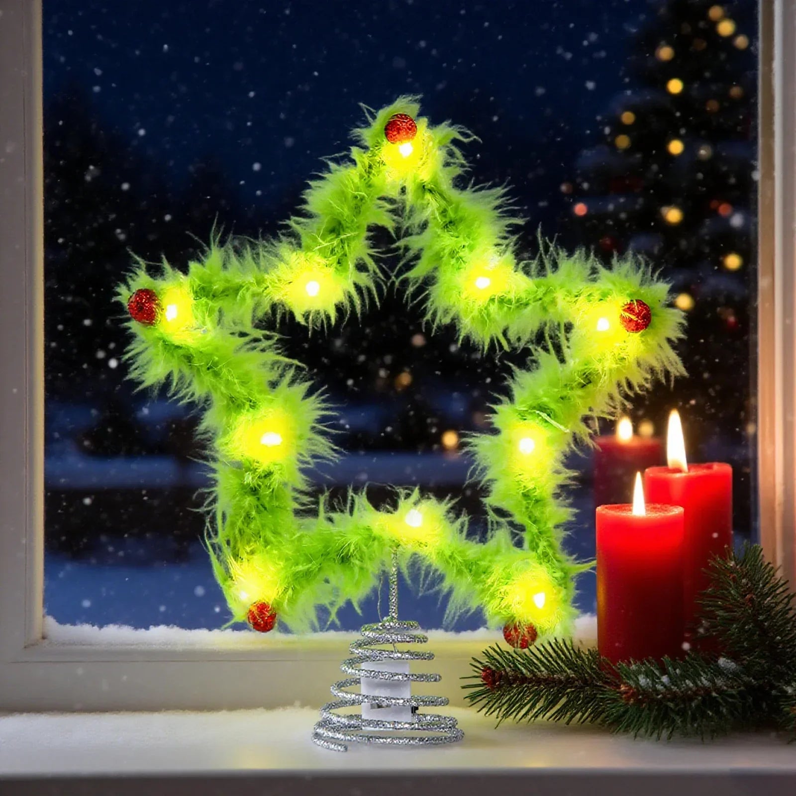 Christmas Fuzzy Grinch Star Tree Topper Iron Green Plush Holiday Festive Creative Home Party Decor Ornament Peaceful Pleasures Health and Wellness