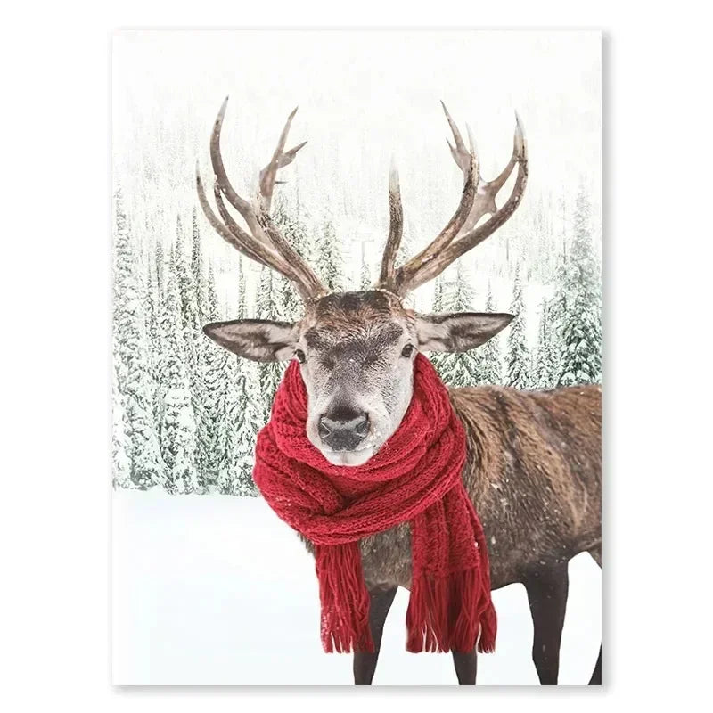 Christmas Snowman & Moose Canvas Wall Art | Winter Decor Print