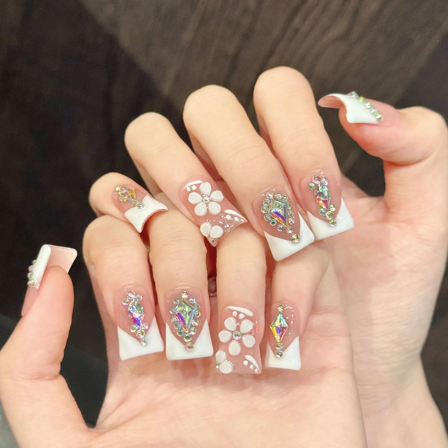 French Duckbill Press On Nails | Crystal Glitter Rhinestone Set