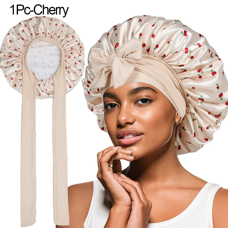 Satin Sleep Bonnet for Women – Cherry Print Lace-Up Hair Cap