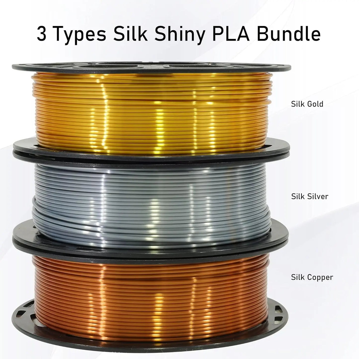 Silk PLA Filament Bundle 1.75mm – Gold Silver Copper 3×0.25kg