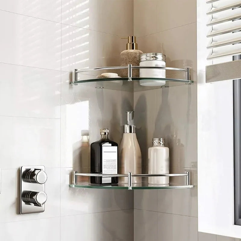 Glass Corner Shower Shelf – Tempered Glass & Stainless Steel