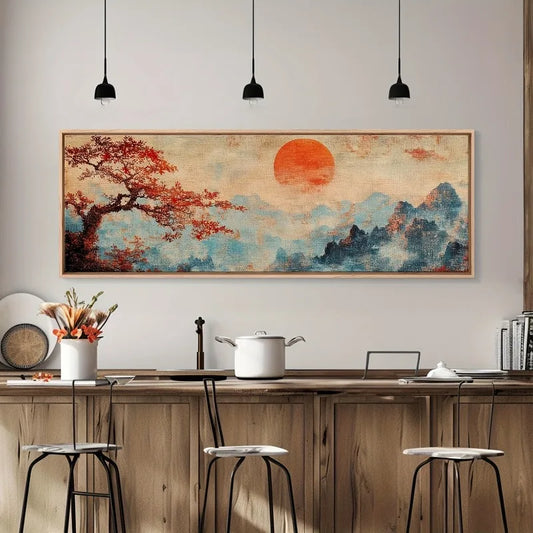 Vintage Japanese Landscape Canvas Art | Sunset Maple Mountain Canvas Wall Art Peaceful Pleasures Health and Wellness