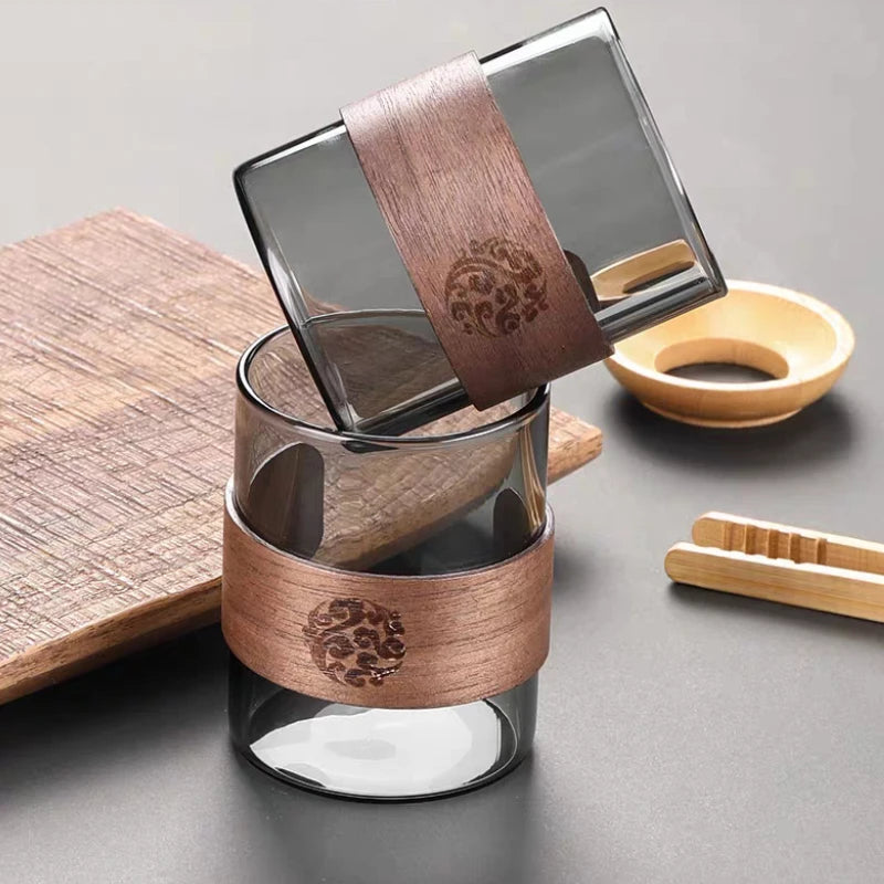 Thickened Glass Tea Cup with Wooden Ring Heat-resistant and Heat-resistant Water Cup Master Cup Household Glass Cup Coffee Cup Peaceful Pleasures Health and Wellness
