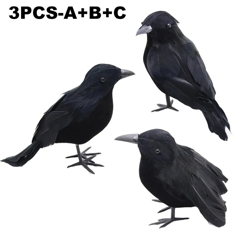 Realistic Black Crow Halloween Decoration – Flocked Feather Prop