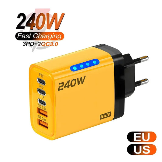 5-Port 240W GaN USB-C PD Fast Charger | QC3.0 Wall Adapter USB Wall Charger Peaceful Pleasures Health and Wellness