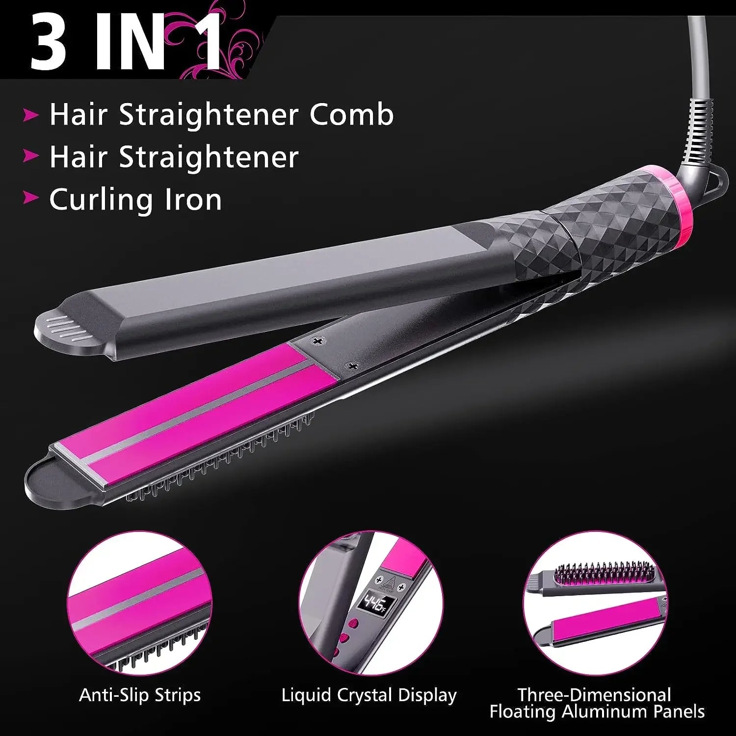 Professional 3-in-1 Hair Straightener And Brush Set Fast Heating LCD Display Flat Iron Hairstyling Tool Combo for Perfect Styles Peaceful Pleasures Health and Wellness