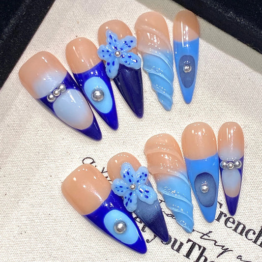 Handmade Press on Nails Long Pointed Sea Blue Starfish Decor False Nails 3D Pearls Decor French Fake Nails for Women and Girl Peaceful Pleasures Health and Wellness