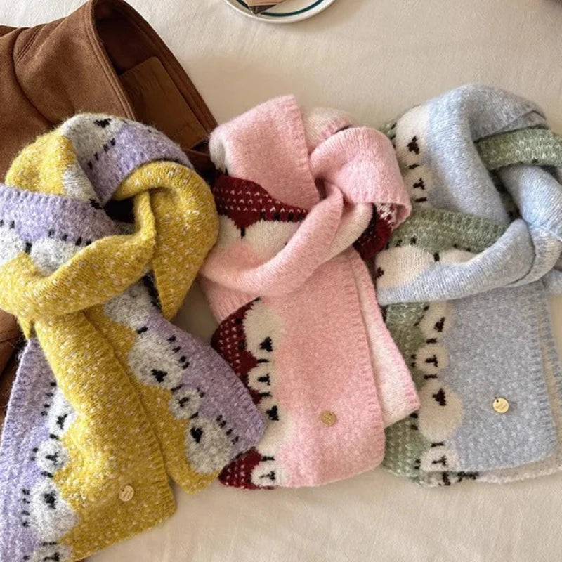 Winter Warm Scarf Women New Korean Cute Sheep Design Fashion Knitted Scarf Couple Thick Coldproof Windproof Scarf Daily Outfit Peaceful Pleasures Health and Wellness