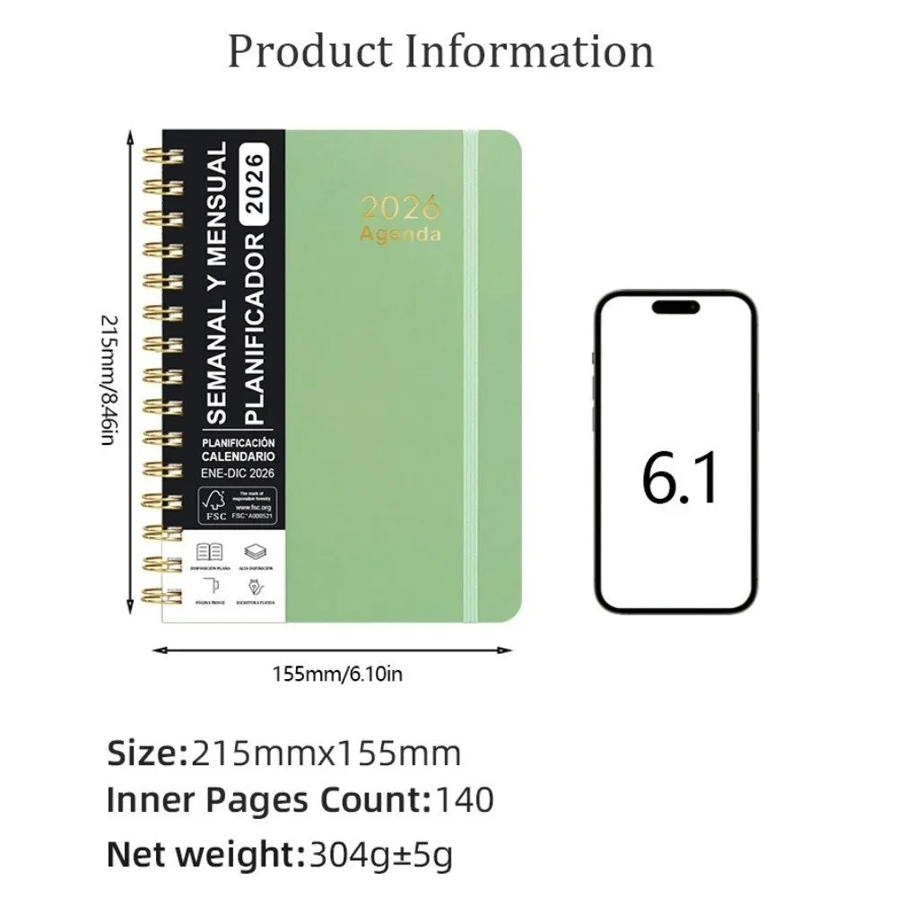 2026 Spanish Planner a5 Notebook Essential Daily Organizer Self-Tracking Diary Book Convenient Coil Calendar Peaceful Pleasures Health and Wellness