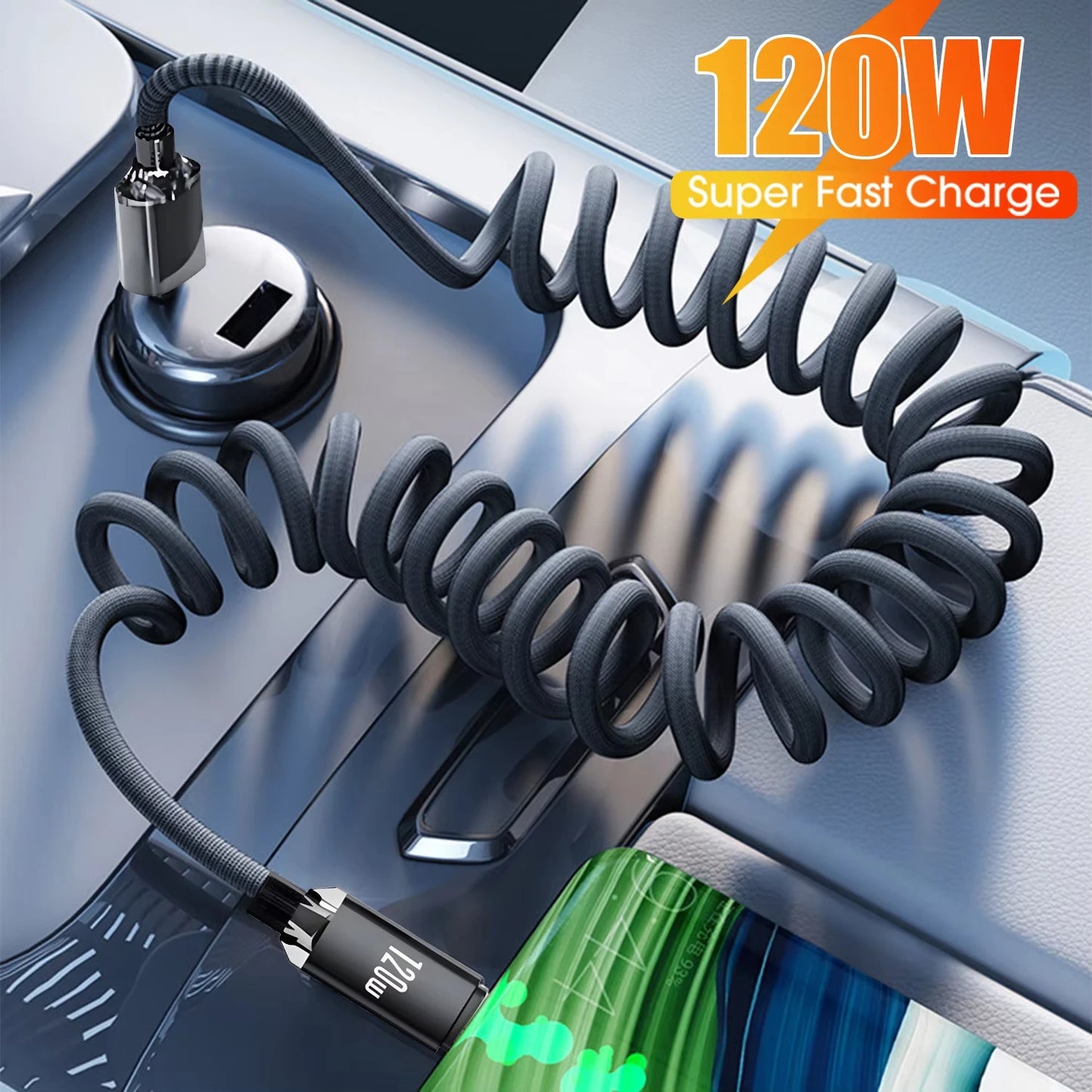 120W PD Type C to Type C Spring Coiled Fast Charging Cable Retractable Nylon Braided Cord For Samsung Xiaomi Huawei iPhone 15/16 Peaceful Pleasures Health and Wellness