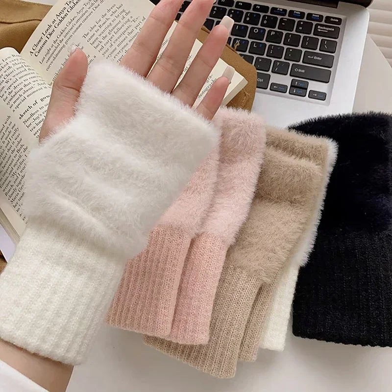 Women's Mink Fleece Fingerless Gloves | Half Finger Winter Mitts