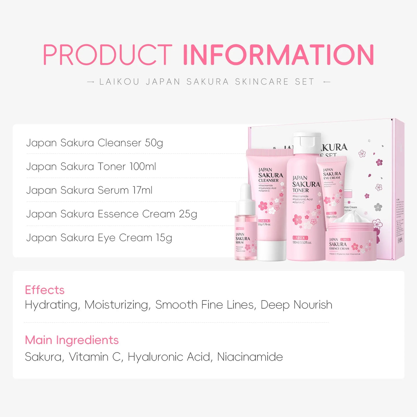 LAIKOU Sakura 5pcs Skin Care Kit Cleanser Toner Serum Eye Cream Essence Cream Moisturizing Beauty Gift Box For Women ﻿ Peaceful Pleasures Health and Wellness