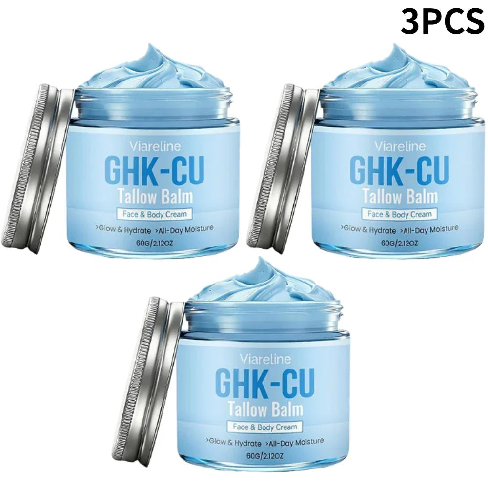 Natural GHK-CU Copper Peptide Tallow Balm Blue Cream - Brighten Hydrating Face & Body Moisturizer, for Dry Sensitive Mature Skin Peaceful Pleasures Health and Wellness 3pcs
