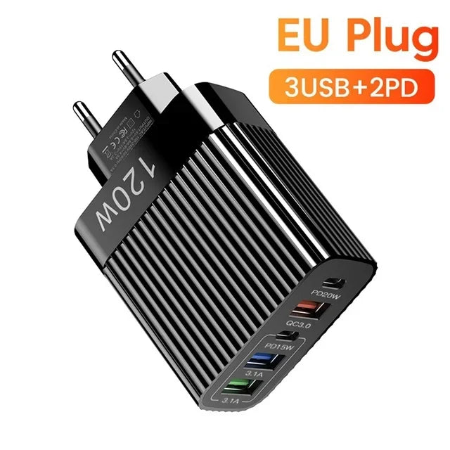 5-Port 120W USB-C PD Wall Charger – Fast Charge iPhone & Android