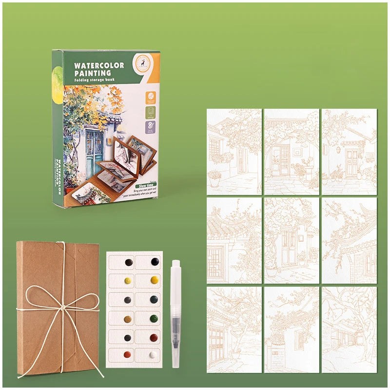 9 Sheets Watercolor Painting Thick Folding Storage Book Pen Holiday