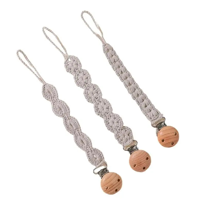 Baby Pacifier Holder Clips with Wooden Teether Beads – 3-Pack