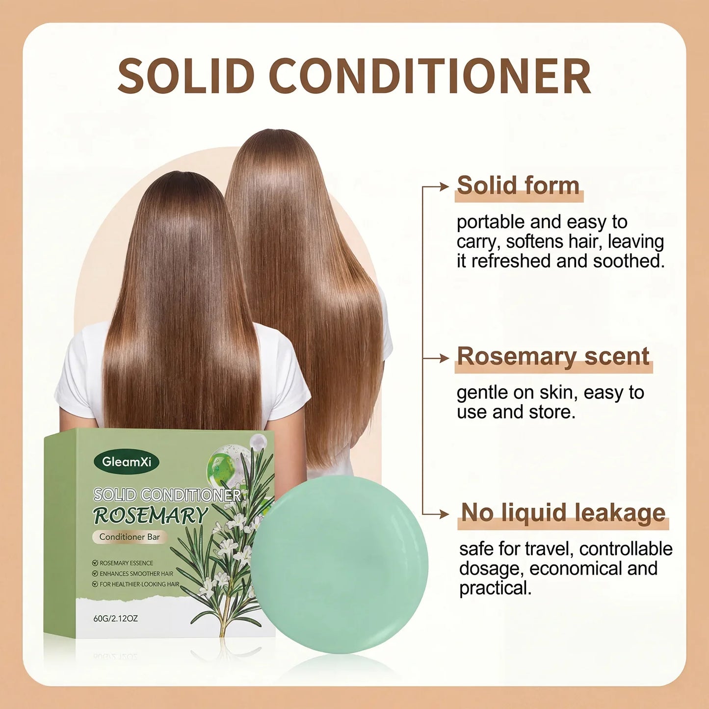 Gleamxi Rosemary Solid Conditioner Bar – Anti-Frizz Hair