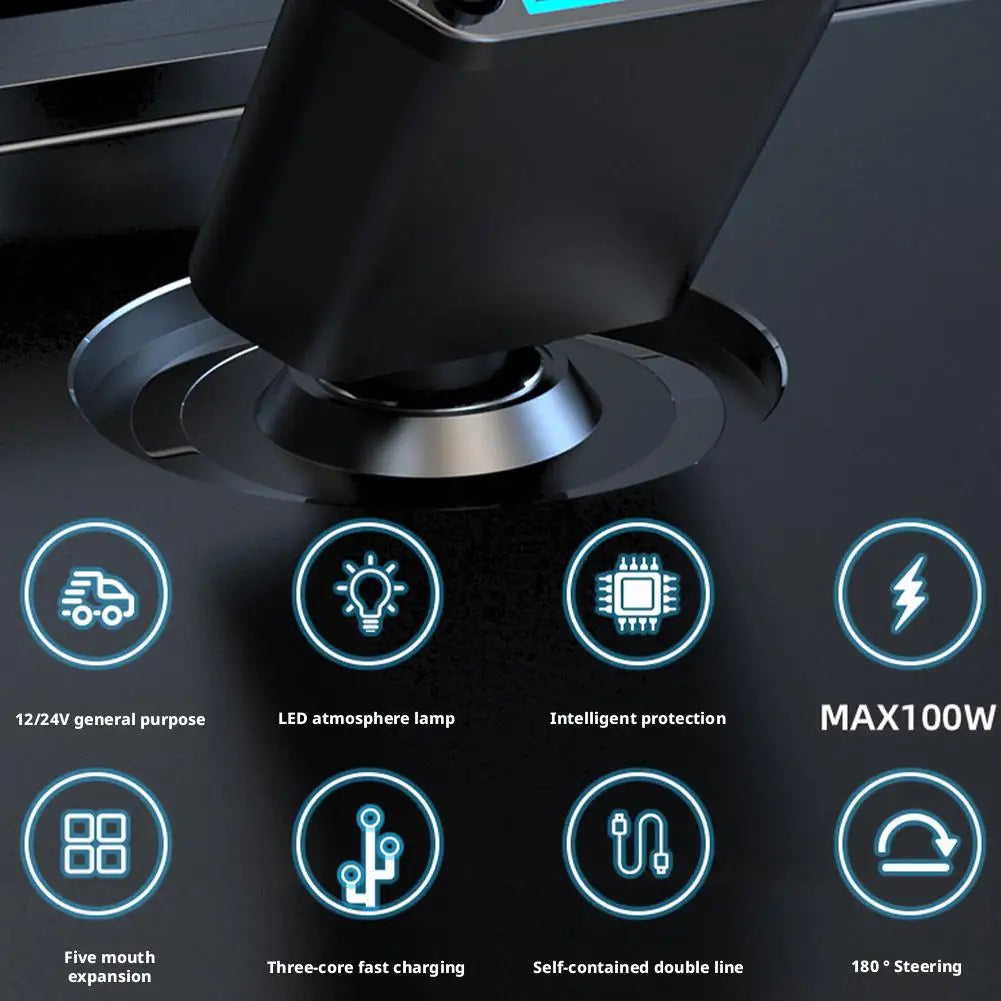 120W 4-in-1 Fast Car Charger – Retractable Cable & 2 USB Ports